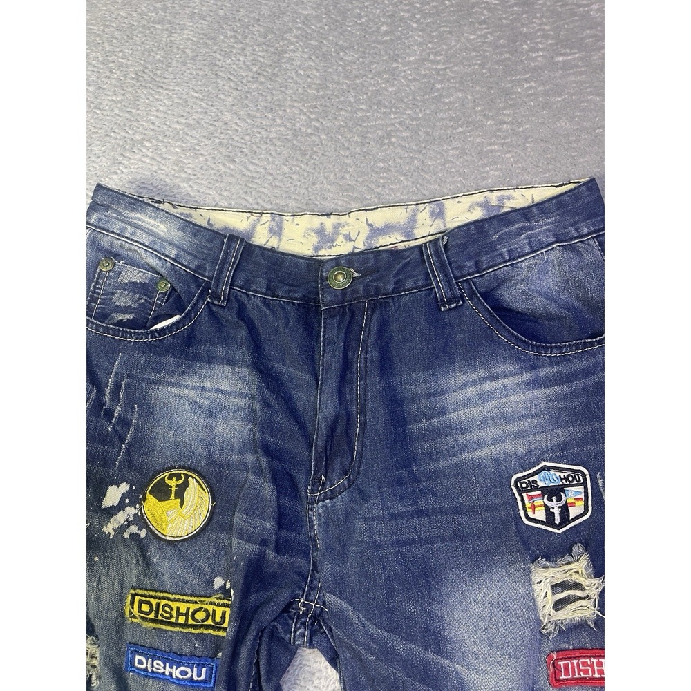 Dishou Jeans Men's 33X28 (Tag 36) Distressed Patched Splatter‎ Ripped Slim Blue - Picture 7 of 16